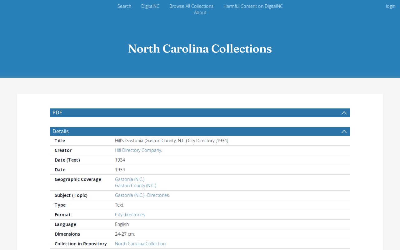 Gaston County public records view of the 1934 Gastonia city directory